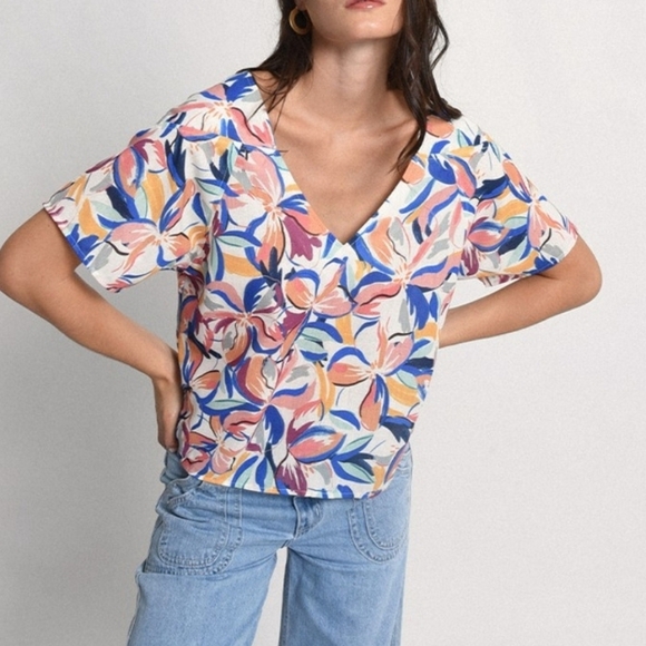 Molly Bracken V-Neck Floral Printed Top Womens Small Short Sleeve Orange Blue - Picture 1 of 8